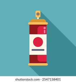 Red spray paint can casting long shadow on turquoise background, simple flat design