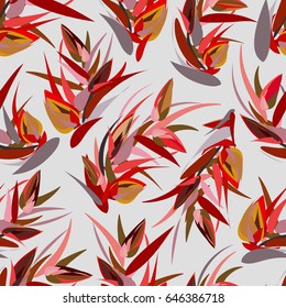 Red sprigs with leaves placed on light gray background. Autumn seamless pattern with floral motifs. 