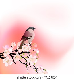 Red spring background with blossoming tree and small bird