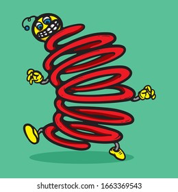 Red spring doll character smiling. Vector toys illustration. Funny spiral mascot dancing