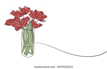 Red spring flowers continuous line art drawing isolated on white background. Summer poppy bouquet line art drawing. Vector illustration