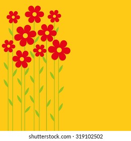 Red spring flowers on a yellow background. Card, background, vector