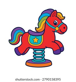 Red spring rider playground toy for children horse character design jumping animal equipment colorful park installation whimsical kiddie amusement backyard outdoor activity structure.