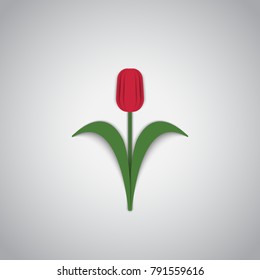 Red spring tulip flower on a light background.Paper style.Vector illustration.