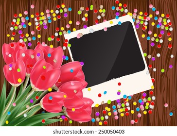 Red spring tulip, photo frame and confetti, on a wooden vector background.