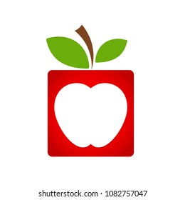 red square apple fruit icon with green leaf, business concept, stock vector illustration