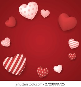 Fondo cuadrado rojo con globos de corazón 3d varios diseños de ilustración gráfica flotante tienen espacio en blanco. Feliz día de San Valentín tarjeta de felicitación Plantilla cuadrada.