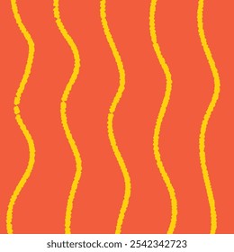 Red Square Background with Crayon Line Waves. Social media post and card template. Coaster, cover with abstract playful texture. Vector illustration