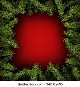 Red square background with fir branches. Vector illustration.
