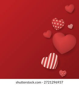 Fondo cuadrado rojo con muchos globos de corazón varios diseños de ilustración gráfica flotada tienen espacio en blanco. Feliz día de San Valentín tarjeta de felicitación Plantilla cuadrada.