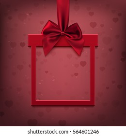 Red, square banner in form of gift with red ribbon and bow, on blurred background with hearts and bokeh. Valentines day greeting card, brochure or banner template. Vector illustration.