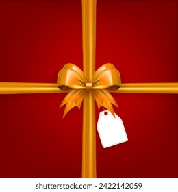 Red square banner with realistic 3d golden bow knot with crossed ribbons and paper label tag in the center. Crisscross tied yellow bow with tape as gift box wrapping or present decor for holidays