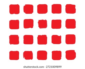 Colección de pinceladas cuadradas rojas. Juego de pinceles Grunge. Veinte cuadrados dibujados a mano. Elementos de diseño de arte.