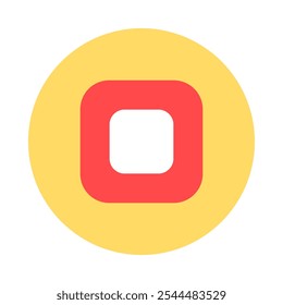 Red square button icon with rounded corners and white center icon. Red button on round yellow sticker for making important immediate decisions element. Simple flat vector isolated on white background