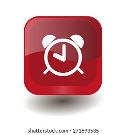 Red square button with white alarm clock sign, vector design for website 