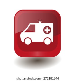 Red square button with white ambulance sign, vector design for website 