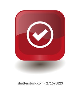 Red square button with white check sign, vector design for website 