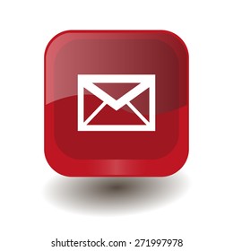 Red square button with white envelope sign, vector design for website