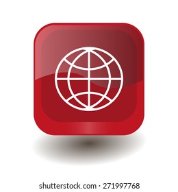 Red square button with white globe sign, vector design for website