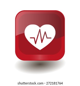 Red square button with white heart rhythm sign, vector design for website 
