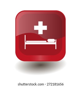 Red square button with white hospital sign, vector design for website 