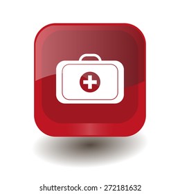 Red square button with white medical case sign, vector design for website 