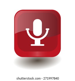 Red square button with white microphone sign, vector design for website