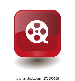 Red square button with white motion picture film reel sign, vector design for website 