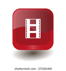Red square button with white motion picture film sign, vector design for website 