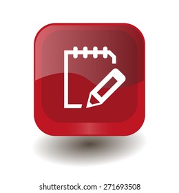 Red square button with white notepad sign, vector design for website 
