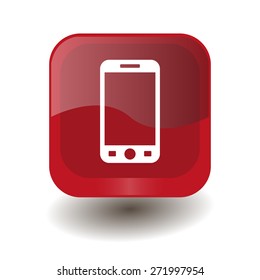 Red square button with white smartphone sign, vector design for website