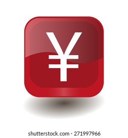 Red square button with white yuan, yen sign, vector design for website