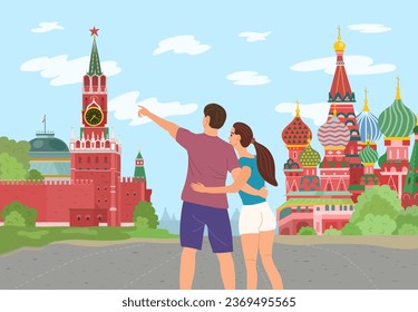 Plaza Roja en el centro de Moscú en Rusia. Una pareja joven está viajando por Moscú. Ilustración del vector