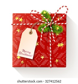 Red Square Christmas Gift Box With Tag, Decorated With Red-and-white Twisted Cord, Spruce Twigs And Gold Star-shaped Confetti. Vector Illustration, Isolated On White.