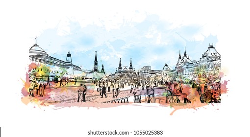 Red Square is a city square in Moscow, Russia. Watercolor splash with hand drawn sketch illustration in vector.