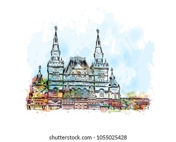 Red Square is a city square in Moscow, Russia. Watercolor splash with hand drawn sketch illustration in vector.