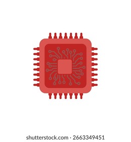 Red square computer processor chip with visible integrated circu