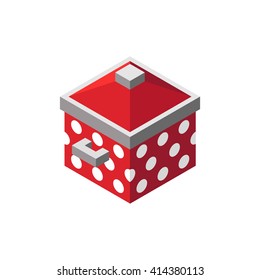 Red square cooking pot with white polka dots. Isometric pot icon.  Vector illustration