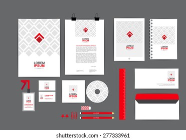 Red And Square Corporate Identity Template  For Your Business Includes CD Cover, Business Card, Folder, Ruler, Envelope And Letter Head Designs