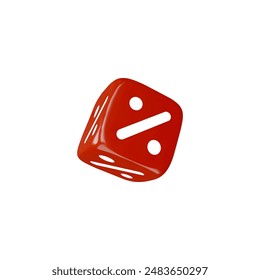 Red square cube with percent sign falling realistic 3D style vector illustration. Plastic cubic discount, sale symbol. Game brick toy. Volume glossy figure with soft corners icon isolated
