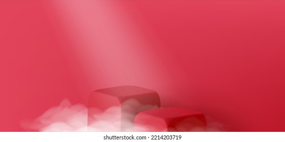producto de cubo cuadrado rojo podio 3d ilustración con niebla o nubes y foco