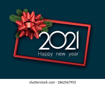 Red square frame with bow and spruce branches. White 2021 Happy new year sign. Dark blue background. Vector holiday illustration.