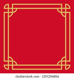 Red square frame with golden border chinese style. Line vector. Isolate on red background.