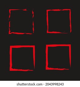 Red square frame icon set on black backdrop. Freehand paint brush stroke. Stamp texture. Vector illustration. Stock image.