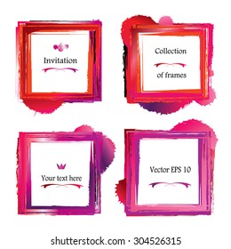 Red square frames collection.. Set of red wine color square borders. Grunge watercolor paint and blot. Vector. Creative/stability concept. Design elements. Red brush strokes shapes isolated on white.