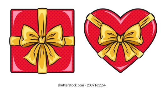 Red square gift box and heart shaped box with ribbons and bow. Pop art comic hand drawn vector illustration.