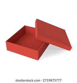Icono cuadrado rojo de la caja de regalo con una tapa abierta, estilo realista. Contenedor de almacenamiento vacío. Maqueta para la marca, embalaje de regalo. Concepto para vacaciones, cumpleaños, día de San Valentín y promociones. Vector.