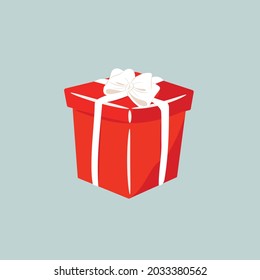 Regalo cuadrado rojo con un arco blanco. Ilustración dibujada a mano por vectores. Icono aislado en fondo blanco. Celebrando Navidad y Año Nuevo en diciembre