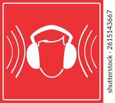 Red square with a head wearing earmuffs, surrounded by sound waves, representing required hearing protection