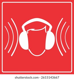 Red square with a head wearing earmuffs, surrounded by sound waves, representing required hearing protection